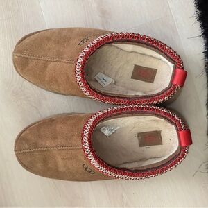 Platform UGG Brown Suede Slippers with Red Trim